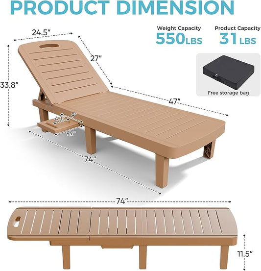 Outdoor Chaise Lounge Set of 2, 5-Position Adjustable Sun Lounge w/Pull-Out Tray, Waterproof PP Lounge Chairs for Outside, Lounge Chairs for Poolside, Patio, Beach, Yard in All Weather,Brown