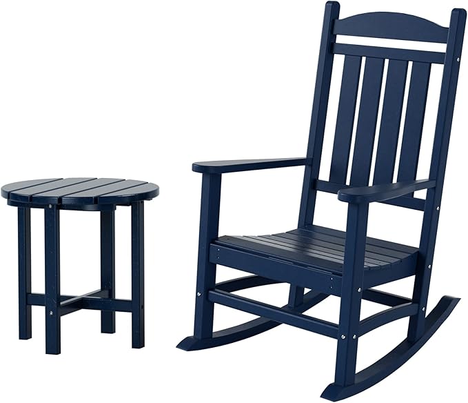 WestinTrends Malibu Malibu Outdoor Patio Porch Rocking Chair with Side Table Set, Navy Blue