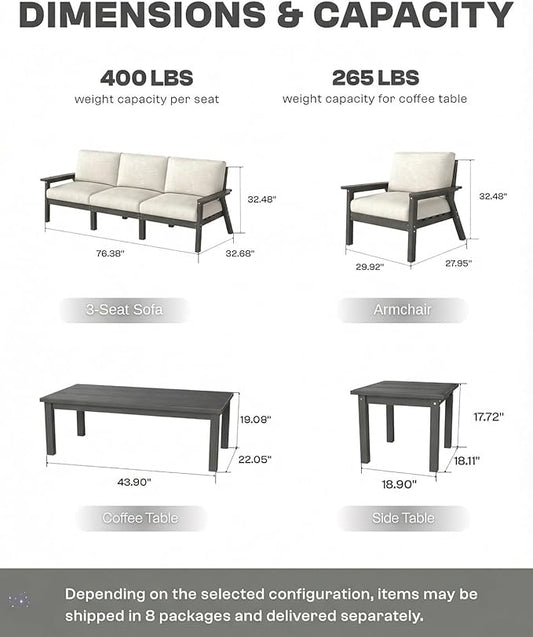 HDPE Patio Furniture Set 10 Seats, Outdoor Couch with Washable Thick Beige Cushions & Coffee Table & Side Table, Outdoor Sectional Furniture for Backyard, Deck, Lawn, Porch (Gray Frame)
