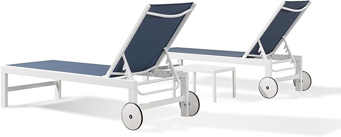 PURPLE LEAF Outdoor Chaise Lounge Chairs Set of 2 White Aluminum Lounge Chair Five-Position Adjustable Chaise with Wheels and Table for Pool Deck Patio, Indigo