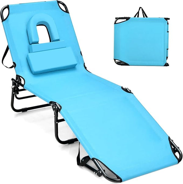 GYMAX Tanning Chair, 330lbs Beach Lounge Chair with Face Hole, Detachable Washable Pillow & Carry Strap - Photo 1