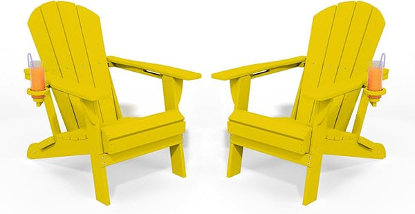 Folding Adirondack Chair with Cup Holders Set of 2, HDPE Plastic Outdoor Chairs, Weather Resistant - Photo 1