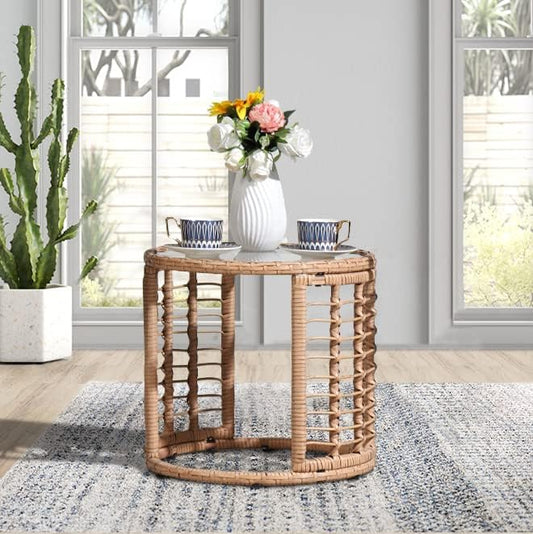 JOIVI Outdoor Wicker Side Table, All-Weather Patio Rattan End Table with Glass Top, Round Coffee Table for Indoor Outdoor Backyard Lawn Balcony Pool