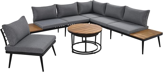 Quarte Modern Patio Furniture Set, 6-Piece Outdoor Sectional Sofa Set with Round Nesting Coffee Tables and Seating Sofa with Cushions for Patio, Porch Garden (Grey+C)