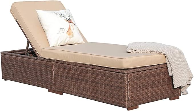 JOIVI Outdoor Chaise Lounge Chair, All-Weather PE Wicker Patio Chairs Pool Lounge Chairs for Outside, Brown Rattan Reclining Outdoor Chair with Adjustable Backrest & Removable Beige Cushion