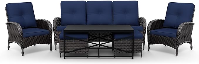 Joyside Wicker Patio Furniture Set, 6 Piece Outdoor Furniture Set with Thickened Cushions, High Back, Deep Seating, Wide Armrest, Rattan Outdoor Chairs for Porch, Deck