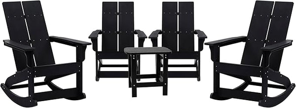 Flash Furniture Set of 4 Finn Modern Commercial Grade Adirondack Rocking Chairs - All-Weather Black Poly Resin Wood - Photo 1
