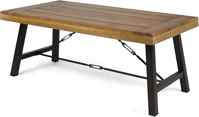 Outdoor Coffee Tables for Patio, Wood Patio Coffee Table Rectangle with Metal Frame, Industrial Patio Center Table for Garden Deck Balcony, Teak Finish Rustic Brown & Black