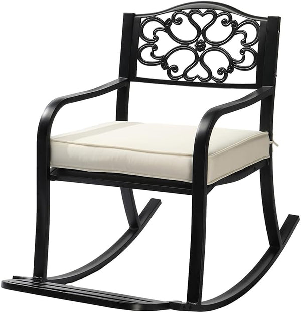 Metal Rocking Chair with Cushion and Footrest, Outdoor Rocking Bench for Patio, Garden, Cast Iron Patio Rocker - Photo 1