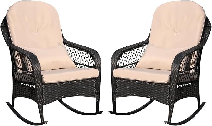 LVUYOYO Outdoor Wicker Rocking Chair of 2, Patio Rattan Rocker Chair with Cushions, Rocking Wicker Furniture Set for Deck, Porch, Garden, Backyard (Khaki)