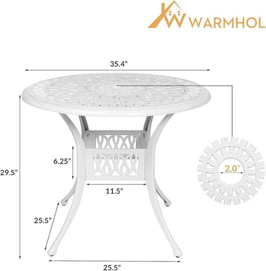 Outdoor Cast Aluminum Patio Table, 35.4” Round Bistro Table with 2” Umbrella Hole for Patio Furniture Garden Deck Backyard, White