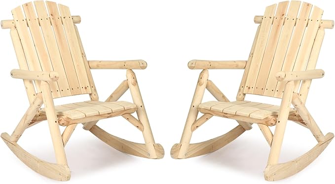 HOMEDIARY Wooden Adirondack Rocking Chair, Patio Log Rocker Outdoor Lounge Chair w/Slatted Wooden Design, High Fanned Back & Classic Rustic Style for Garden Patio Backyard Porch (Set of 2, Natural)