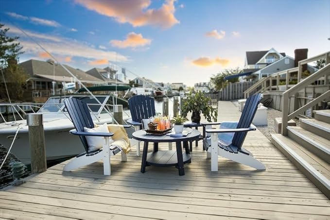 Leisure Lawns Poly Plastic Fanback Adirondack Chair, Outdoor Patio Chair - Amish Made in USA (Patriot Blue on White)