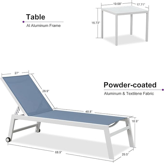 PURPLE LEAF Oversize Chaise Lounge Chair Outdoor 2 Pieces White Aluminum Lounge Chair with Wheels and Table for Pool Deck Patio, Indigo