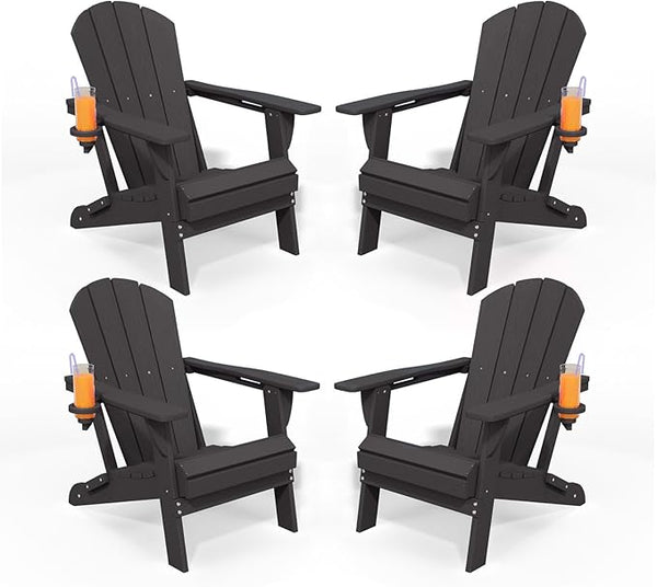 Folding Adirondack Chairs with Cup Holders, Set of 4 HDPE Plastic Outdoor Chairs, Weather Resistant, Real Wood Look - Photo 1