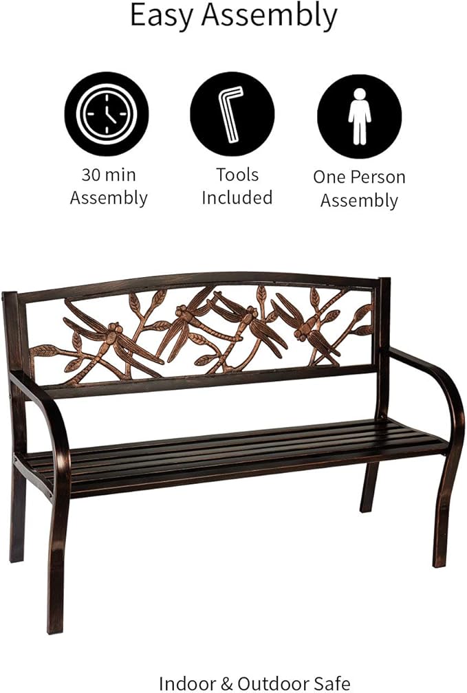 Evergreen Garden Weatherproof Dragonfly Outdoor Bench | Holds Up to 300 lbs. | Furniture for Lawn Garden Patio Porch Park Deck | Steel | Bronze