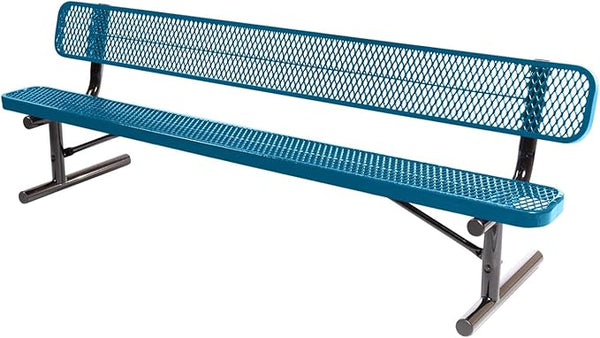 COATEDOUTDOORFURNITURE Heavy-Duty Portable Outdoor Bench Thermoplastic Coated, Expanded Metal, Commercial-Grade Seating, Made in America (Portable with Back, 8 Ft, Light Blue)