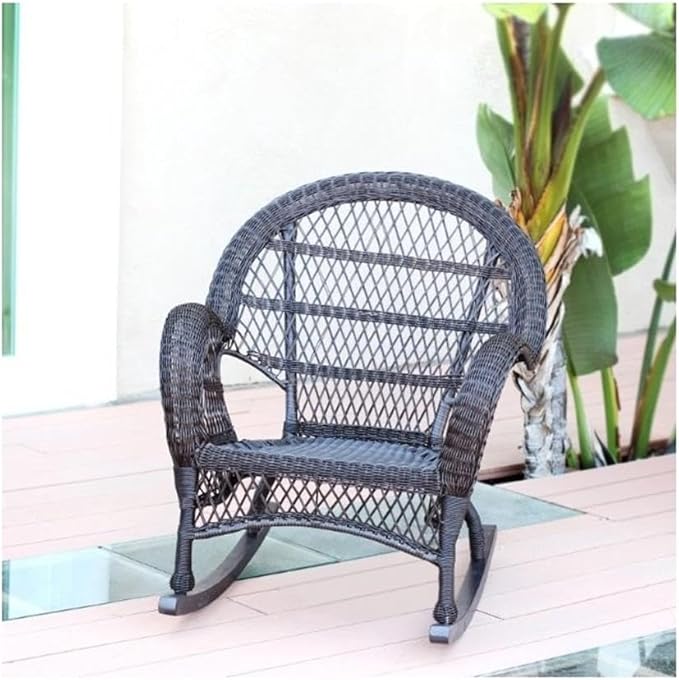 Pemberly Row Outdoor Rocker Chair, Resin Wicker and Steel Frame, Espresso Finish, 36" H x 19" W x 30" D, Weather-Resistant Design, Stackable, Durable Patio or Poolside Seating
