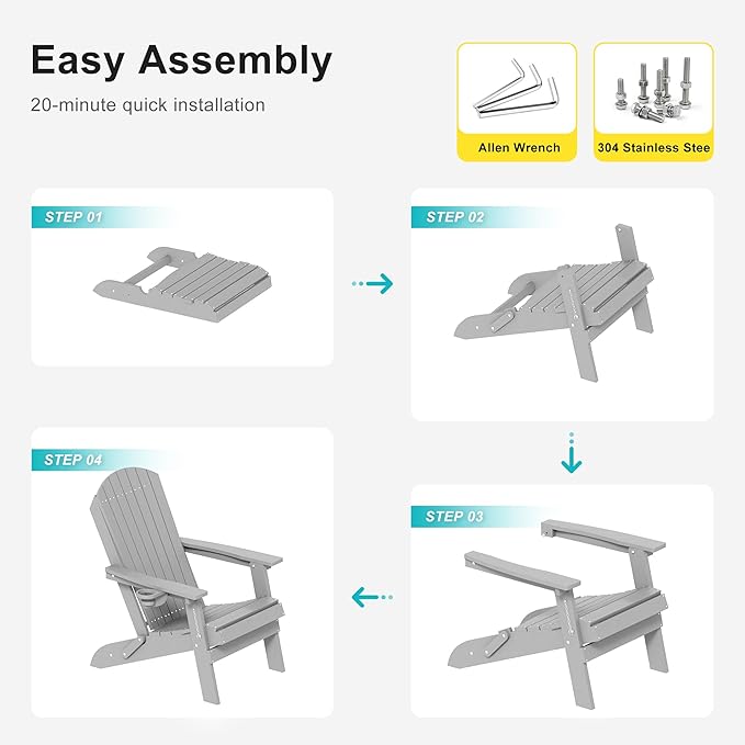 HDPE Foldable Adirondack Outdoor Chair with Cup Holder, Weather Resistant Heavy-Duty Patio Chair for Patio, Backyard, Deck, Fire Pit, Lawn and Porch, Silver Grey