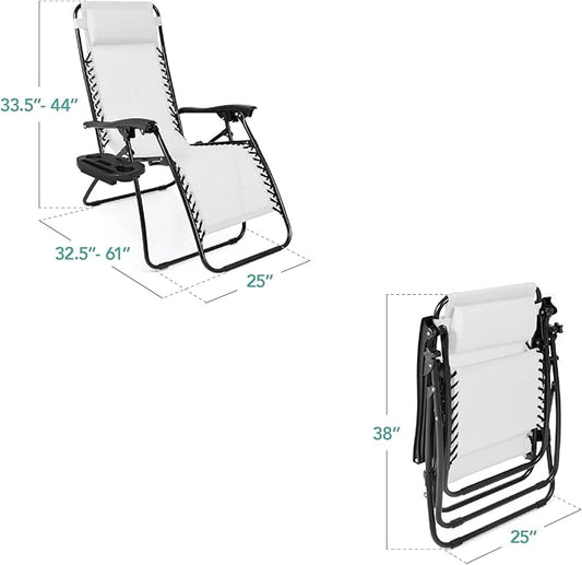 Best Choice Products Set of 2 Adjustable Steel Mesh Zero Gravity Lounge Chair Recliners w/Pillows and Cup Holder Trays - Snow/Black