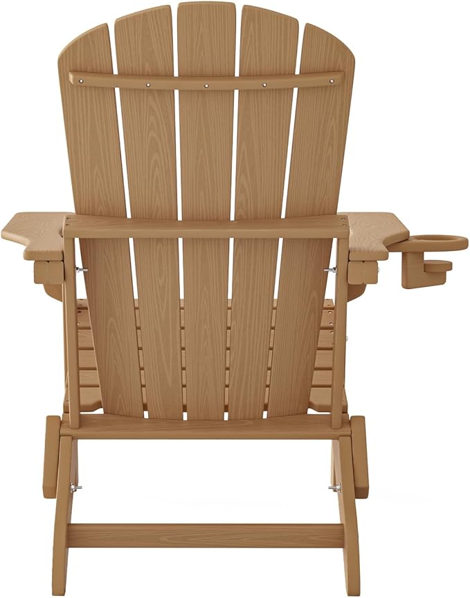 Plawdlik Folding Adirondack Chair Set of 6 with Cup Holder,Wooden Textured ,Heavy All-Weather HDPE Comfortable Set Poolside Backyard Lawn, Teak