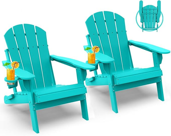 GREENVINES Folding-Adirondack-Chairs-Set-of-2 | HDPE Plastic | Fire Pit Chair | All Weather | Cup Holder | Aqua - Photo 1