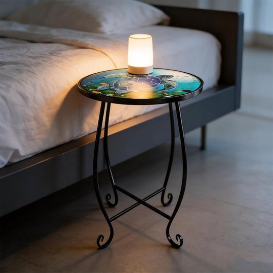 15 Inch Tall Outdoor Patio Table, Foldable Metal Turtle Table with Mosaic Design, Shatterproof Small Patio Table for Balcony Porch, Rust Resistant Mosaic Outdoor Side Table Style