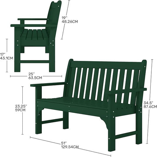 Costaelm Garden Bench, Farmhouse Park Front Porch for Entryway Bench Outdoor Seating Low Bench Patio Bench Outside/Indoor, Dark Green