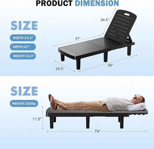 WACASA Outdoor Chaise Lounge Chairs Set of 4, Oversized Lounge Chairs with 5-Level Adjustable Backrest & Cup Holder, Resin Waterproof Pool Lounge Chair for Poolside, Patio, Beach, Yard, Black