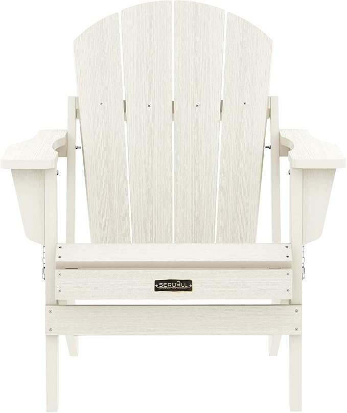 SERWALL Folding Adirondack Chair Set of 4, All Weather Adirondack Chairs with Cup Holder for Patio Garden Outdoors Fire Pit Chairs-White