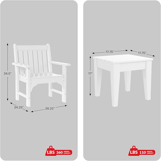Costaelm Outdoor Patio Table and Chairs Set of 2, 2-Piece HDPE Garden Chair with Square Adirondack Side Table Set, Porch Chairs Coffee Table for Outside Porch Backyard, White