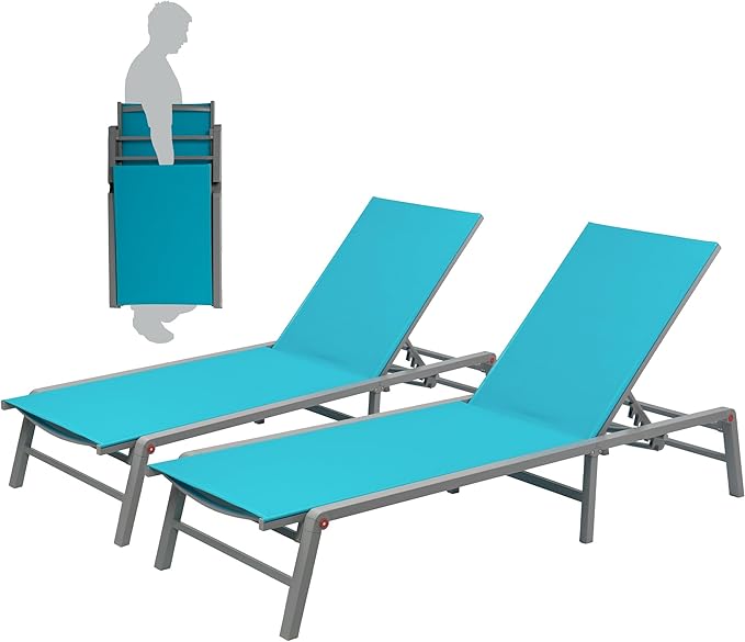 Kozyard 2-Pack Outdoor Lounge Chairs, Foldable Aluminum Frame Patio Chaise Lounge with 5-Position Adjustable Backrest, No Assembly, Breathable Textilene Fabric for Poolside Beach (Aqua, No Table)