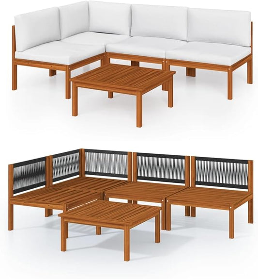 Rustic Solid Acacia Wood Garden Lounge Set with Weather-Resistant Cushions, Modular Outdoor Patio Furniture for Relaxing in Garden or Indoor Spaces