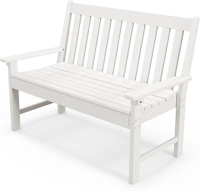 Tangkula HDPE Outdoor Garden Bench with Backrest, 2-Person All-Weather Patio Loveseat Chair with Slatted Seat, 705 lbs Weight Capacity, Patio Benches for Balcony, Garden, Porch, Backyard & Park, White