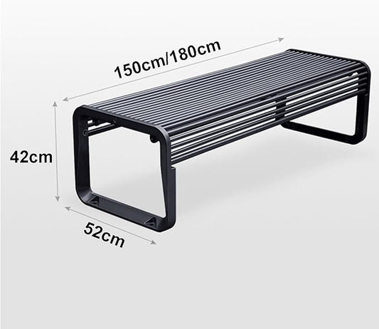 All-Weather Metal Garden Bench - Cast Aluminum Loveseat Chair for Patio, Yard, Lawn, Balcony & Backyard - 180cm Black Slatted Seat, No Backrest, Durable Outdoor Furniture
