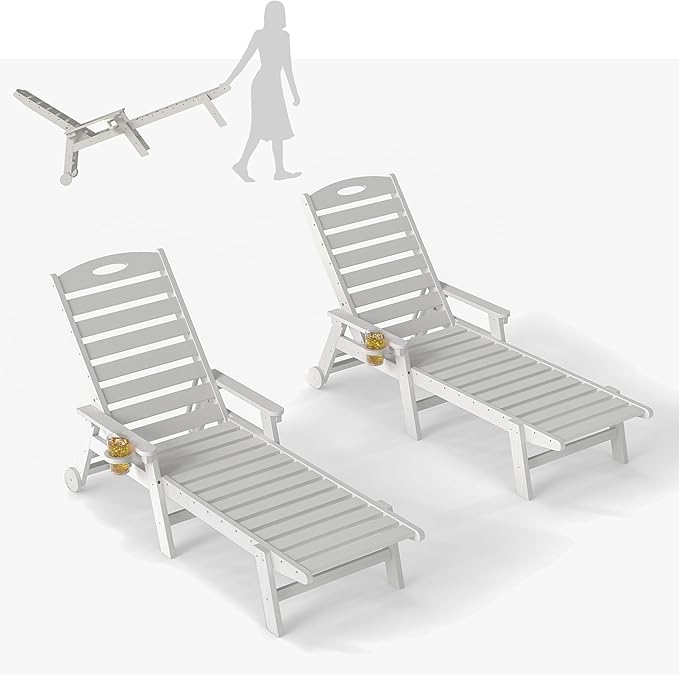 Domi Outdoor Chaise Lounge Chairs Set of 2, HDPE All-Weather Pool Loungers with 5-Position Adjustable Reclining Backrest & Rolling Wheels for Poolside Sunbathing Tanning, White