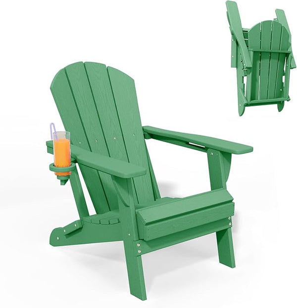 Folding Adirondack Chair with Cup Holders, HDPE Plastic Outdoor Chairs, Weather Resistant, Real Wood Look for Patio - Photo 1