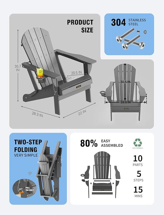 Plastic HDPE Adirondack Chair,Set of 6,Folding Adirondack Chair Weather Resistant with Cup Holder, Wooden Textured Fire Pit Outdoor Chair for Garden, Porch, Lawn, Backyard, Supports 380LBS, Grey