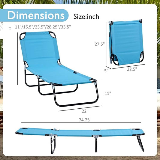 3-in-1 Heavy Duty Tanning Chair with Face Hole Adjustable 5-Position Folding Chaise Lounge Chairs Portable Lay Flat Beach Lounge Chair for Outdoor Sunbathing Patio Pool Lawn Camping Deck (Blue 3)