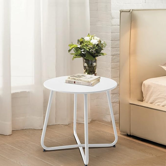 Patio Outdoor Side Table Waterproof Round Metal Steel Small Side Table Weather Resistant Portable Outdoor and Indoor End Table for Garden Balcony Yard, White