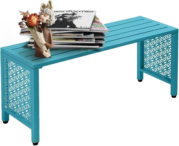 VINGLI 40in Outdoor Metal Bench, All-Weathe Backless Patio Bench with Slatted Seat&Floral Side Panels, Rust-Resistant Garden Bench, Weatherproof Outdoor Seating for Porch Entryway Backyard (Blue)