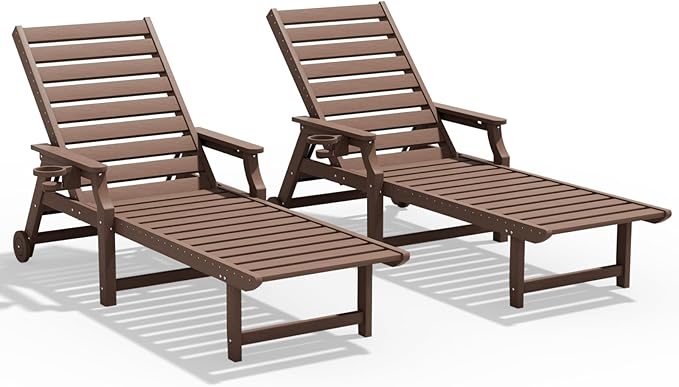 5-Position Adjustable Patio Chaise Lounge - 78'' HDPE Outdoor Lounger with Rolling Wheels & Cup Holder, Longer, Wider, Higher - Perfect for Poolside & Deck, Brown, 2pcs