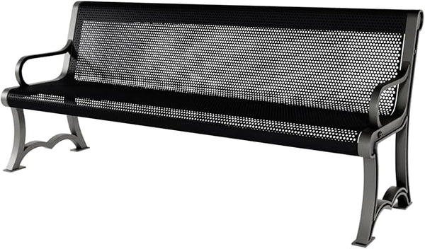 COATEDOUTDOORFURNITURE Coated Outdoor Furniture Heavy-Duty Outdoor Bench Thermoplastic Coated, Punched Steel, Commercial-Grade Garden Bench, Made in America (Portable with Back, 6 Ft, Black)