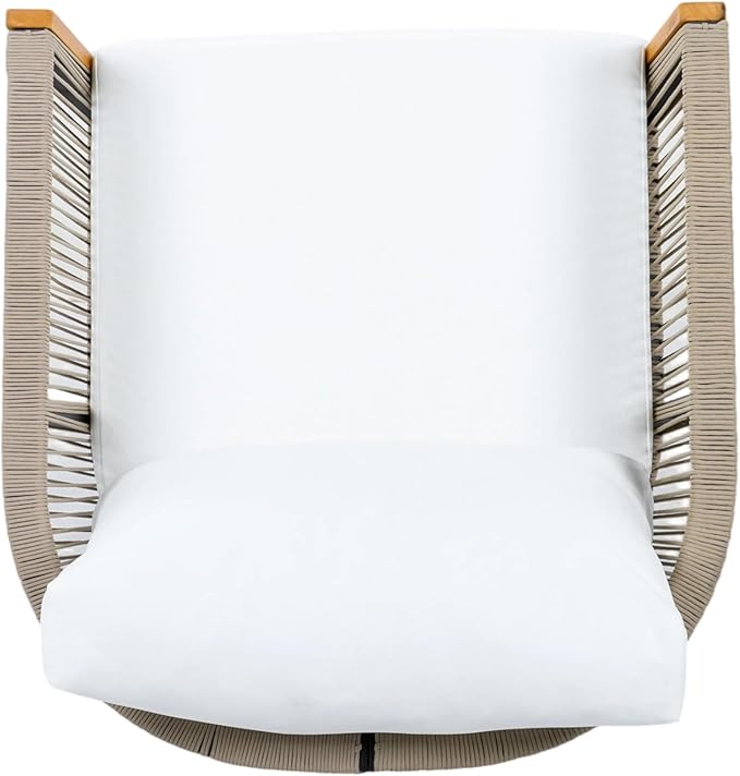 Merax Outdoor Swivel Chair, 360-Degree Rotation, Natural Acacia Wood with Handwoven Beige Rope Design and Seat Cushion, Metal Swivel Base, Weather-Resistant Chair for Patio Garden Balcony