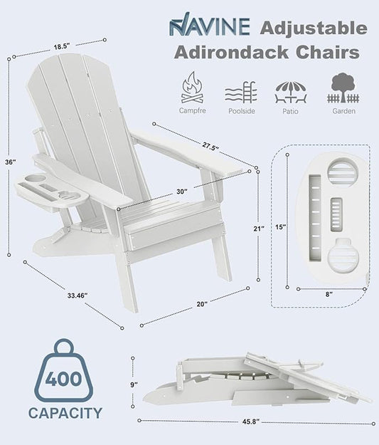Adjustable Adirondack Chair with Cup Holder, All Weather HDPE Fire Pit Chairs for Deck, Backyard, Patio, White