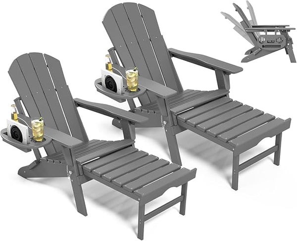 Adjustable Adirondack Chair with Retractable Ottoman Set of 2, HDPE Folding Adirondack Chair with Cup Holder - Photo 1