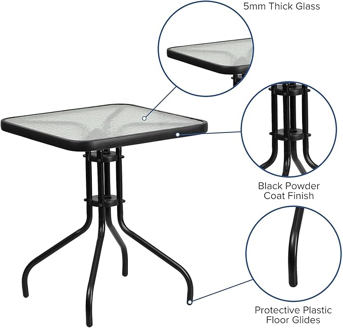 Flash Furniture Barker 23.5" Square Indoor/Outdoor Tempered Glass Patio Side Table, Outdoor Patio Table for Commercial or Residential Use, Clear/Black