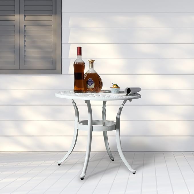 Bonnlo 23.6 Inch Cast Aluminum Outdoor Side Table with Umbrella Hole, Anti-Rust Coffee Bistro Table for Outdoor, Patio, Garden, Porch, Balcony End Table (Round, White)