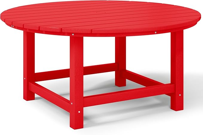 Costaelm Patio Conversation Table, Tatio Accent HDPE Outdoor Weather Resistant, Round Outdoor Porch Balcony Patio Drink Table for Outside, Pool, Backyard, Red