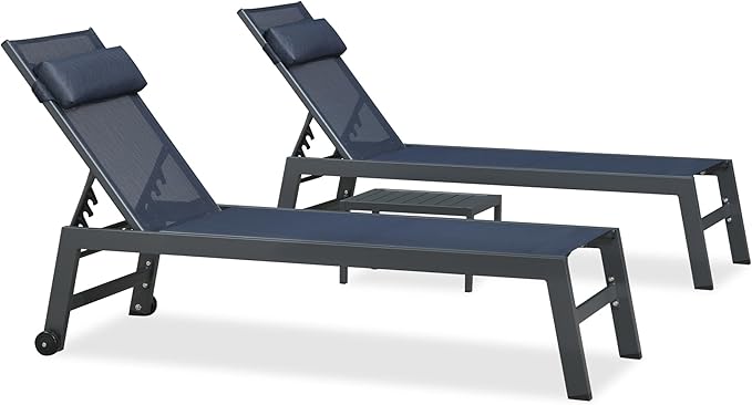 PURPLE LEAF Outdoor Lounge Chair Set of 3 Patio Chaise Pool Lounger Aluminum Frame with Side Table and Wheels for Outside Sunbathing Tanning Recliner Including Pillows Navy Blue